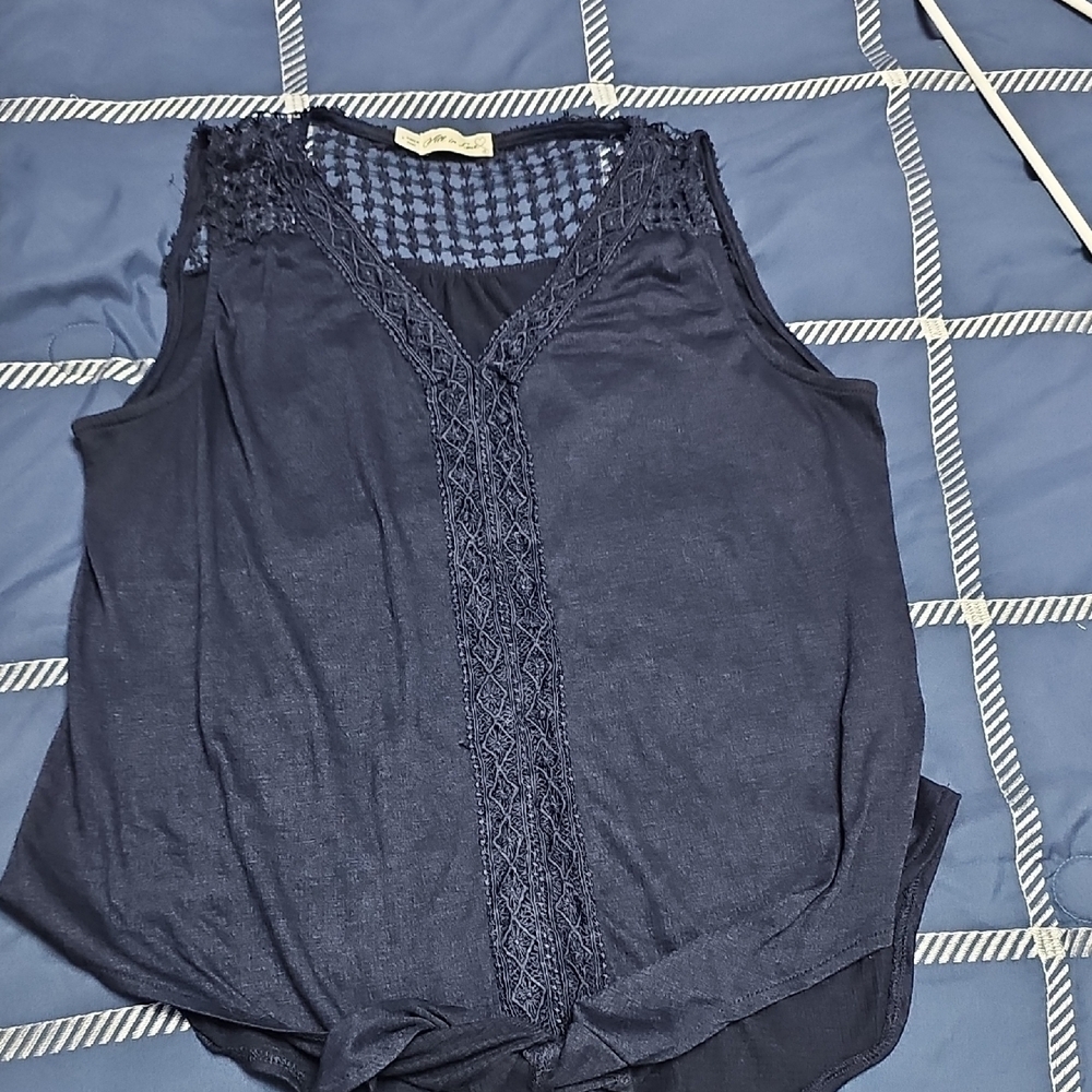 Elegant Navy Lace Trim Blouse
